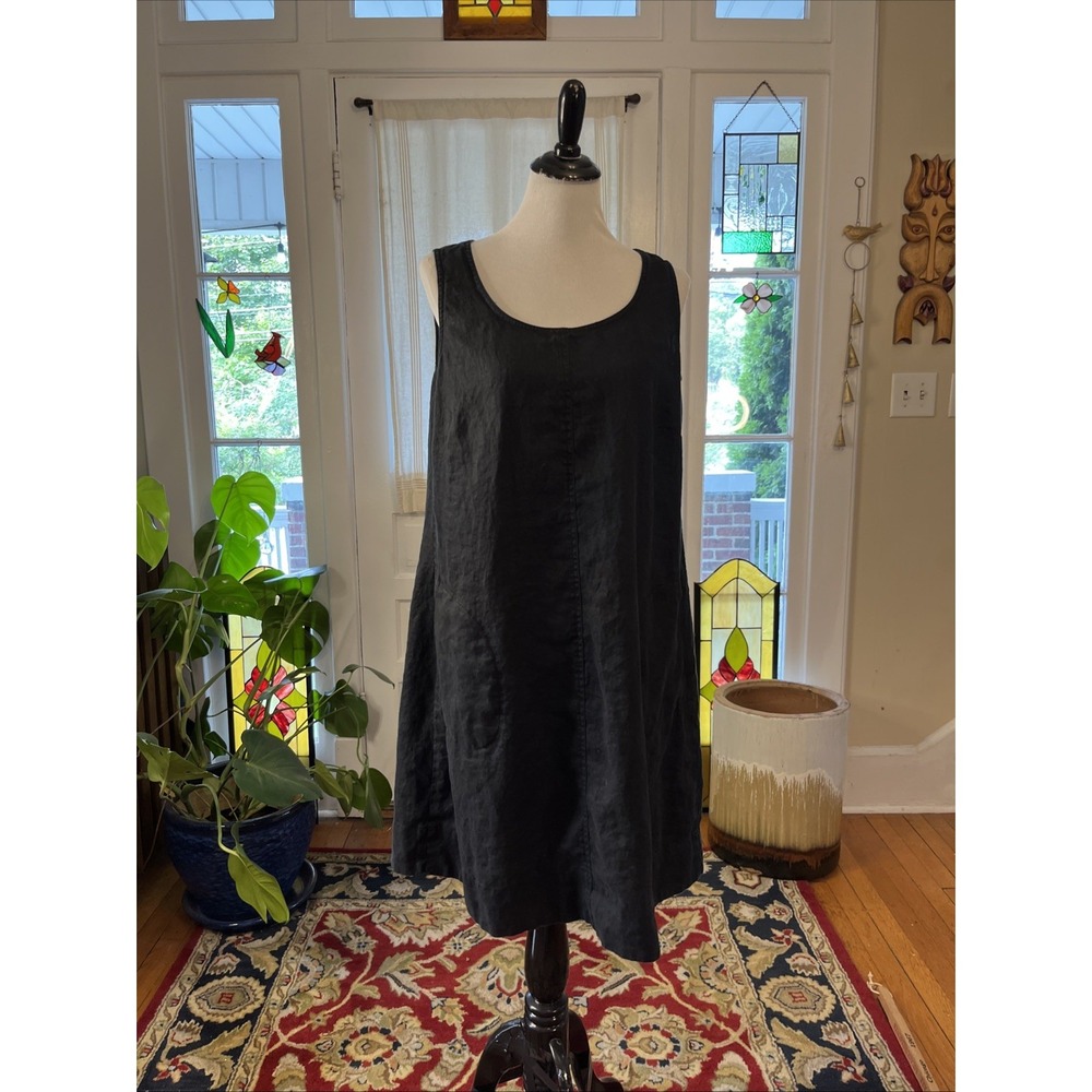 J Jill  100% Linen Black Gray Midi Dress 1X Sleeveless Pockets Minimalist Boho